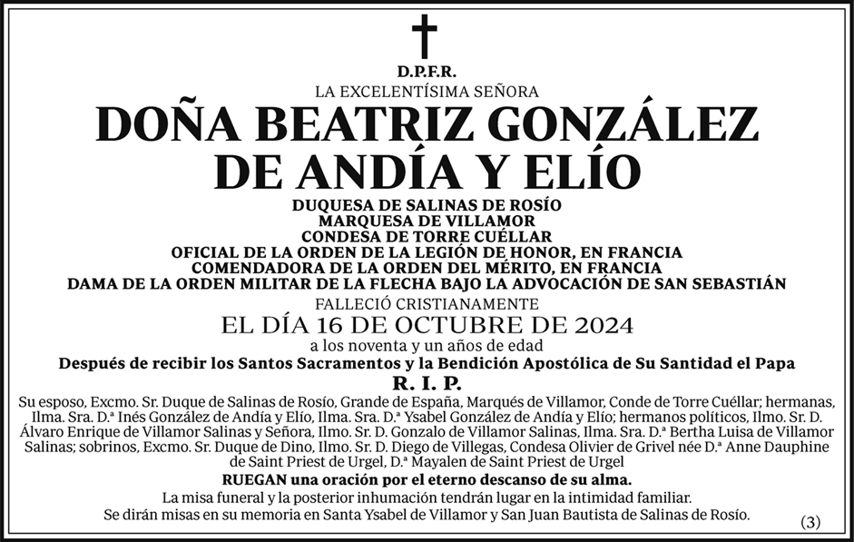 Annonce officielle de décès de Beatrice González de Andía, duchesse de Salinas
